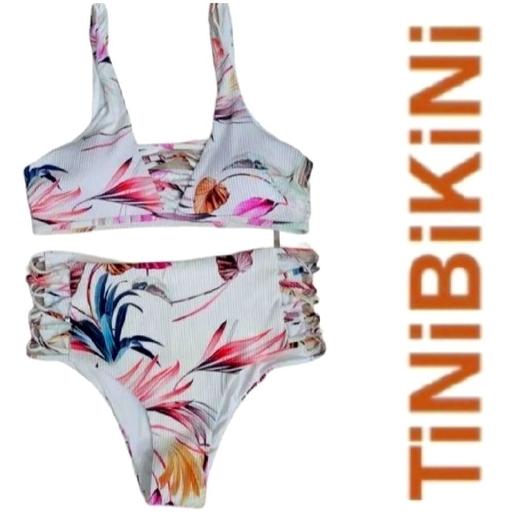 TiniBikini floral white textured strappy high waisted Women's 2 piece Bi…